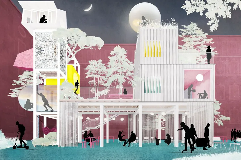 Concept elevation: pink and white, tower, dome, residential modules, market hall, moon, silhouette figures at all levels