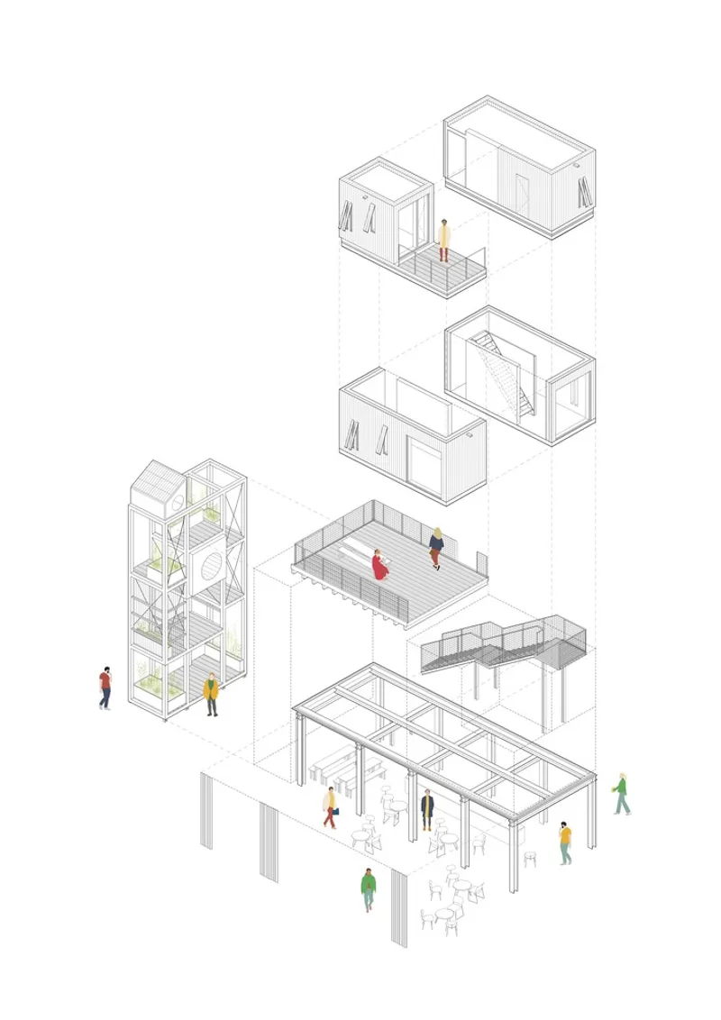 Exploded axonometric: ground floor market hall on steel columns, first floor terrace and residential modules, tower with stacked programme levels