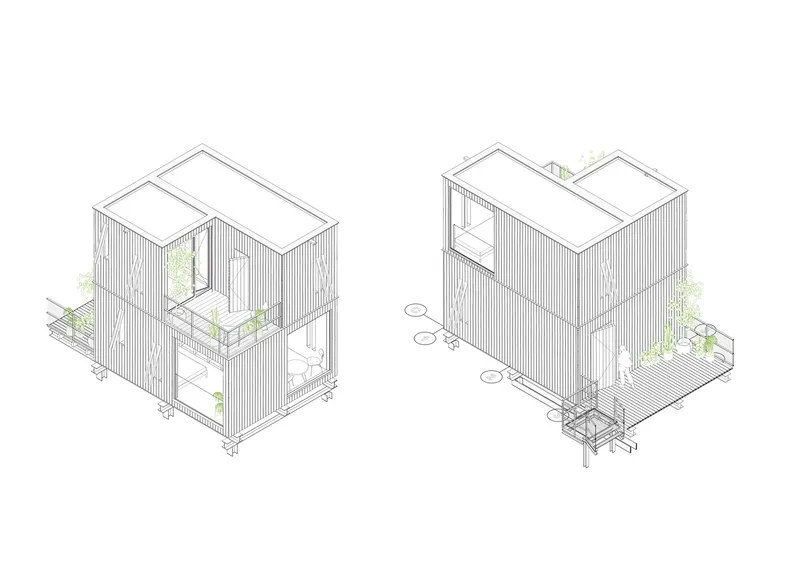 Two axonometric views of individual residential modules: timber-clad with windows, balcony, and integrated planting