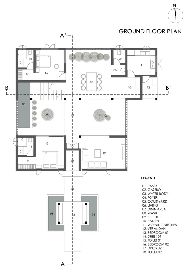 Ground floor plan drawing showing rooms organized around two planted courtyards with section cut lines