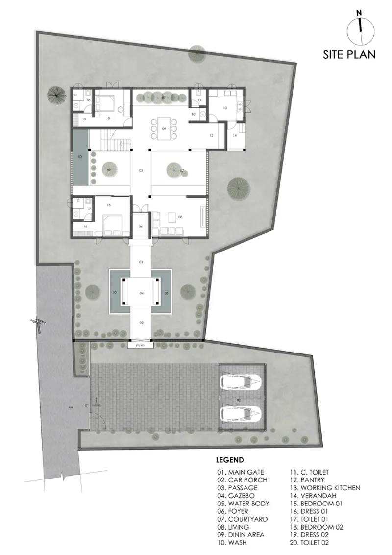 Site plan drawing showing house layout with courtyards, entrance pathway, and parking area