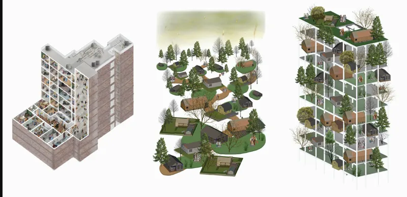Three housing typologies: a conventional apartment tower (kommunalka), a suburban dacha village with gardens, and a vertical dacha tower combining both with integrated trees