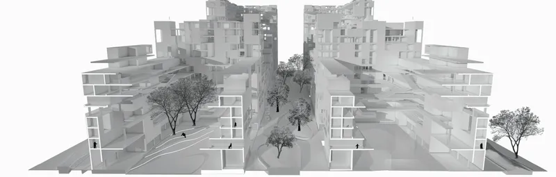 Perspective view of the internal pedestrian street between two terraced residential blocks with trees, benches, and residents walking through the white massing model