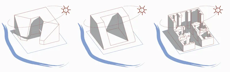 Three solar massing studies showing how the building form responds to the sun path and river orientation to maximise daylight and minimise overshadowing