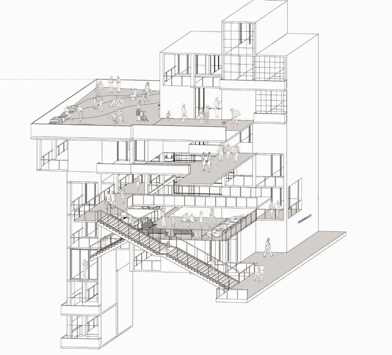 Cutaway axonometric showing the multi-level co-living building with open communal floors, interconnecting stairs, a rooftop terrace, and residents throughout