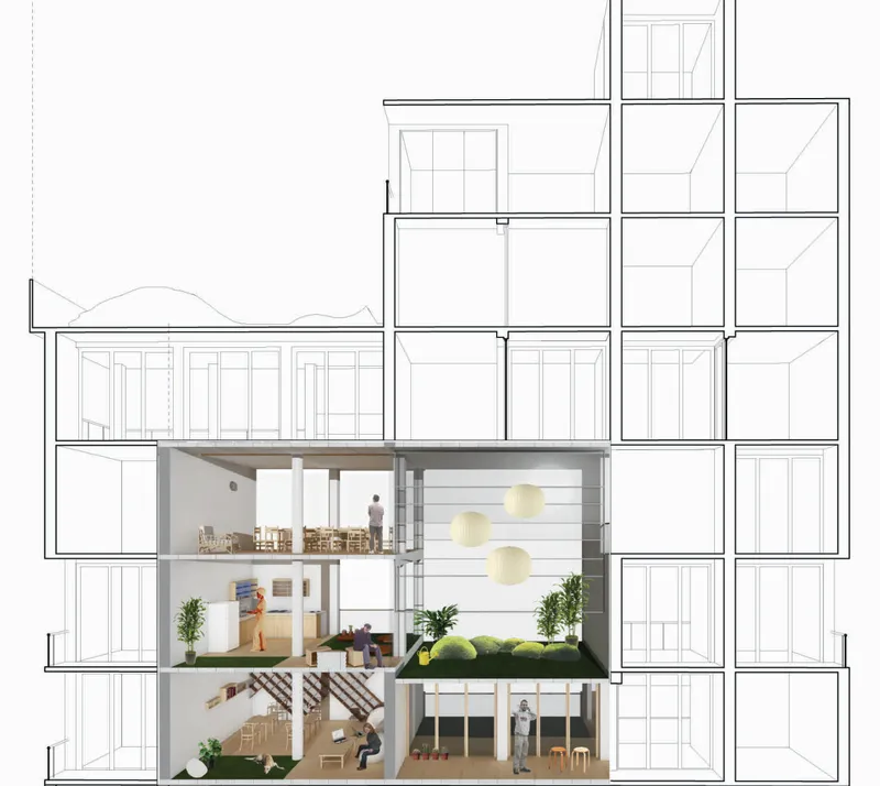 Section through a duplex unit showing living room, kitchen, bedroom above, and a private garden terrace at the back, rendered in warm interior tones