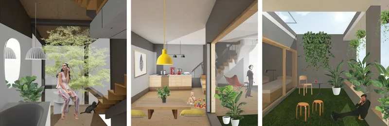 Three interior vignettes: a planted balcony with a resident reading, a warm kitchen with a yellow pendant light, and a private courtyard garden with stools and climbing plants