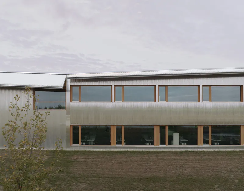 Two-story facade with corrugated metal cladding, timber-framed windows, and a young tree on grass
