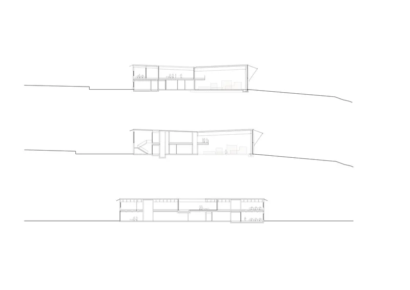Section drawings showing three cuts through the building revealing interior spatial volumes and sloping terrain