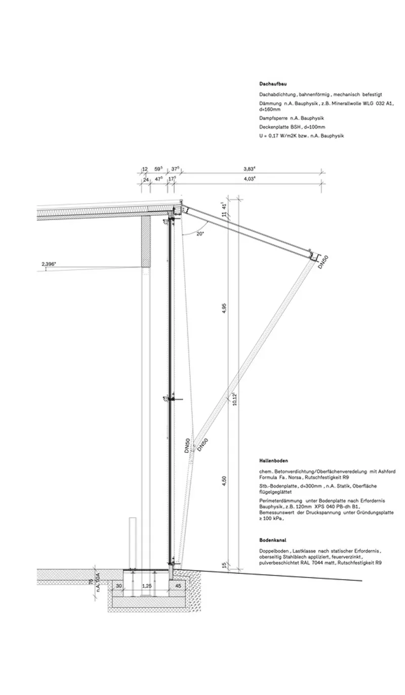 Construction detail drawing of a glazed curtain wall system with structural bracing and foundation connection