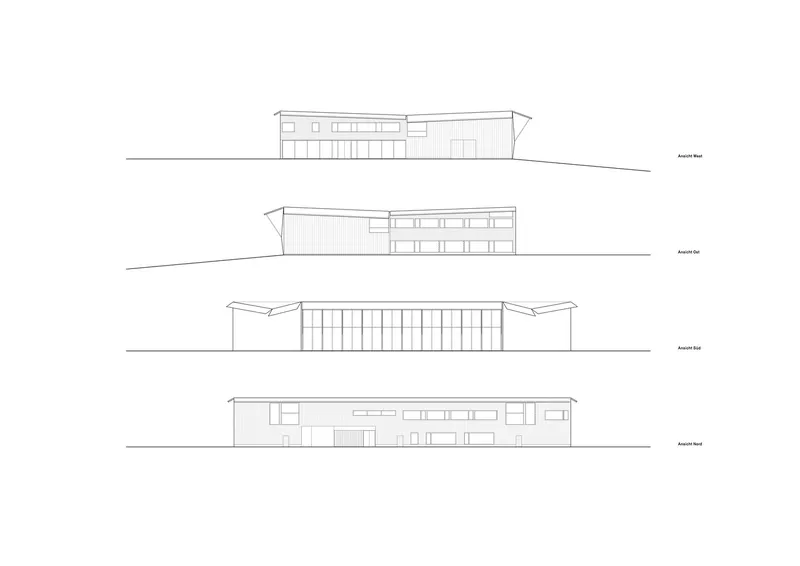 Elevation drawings depicting four exterior faces of the structure with angled rooflines