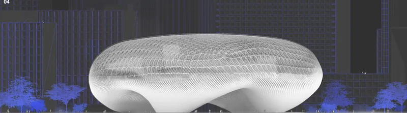 Exterior view of the Bubble Hub: a translucent organic dome raised on legs above the urban ground plane, with the city skyline behind