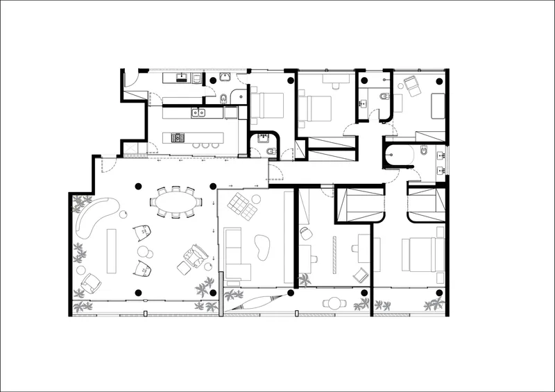 Floor plan: full apartment layout with living room, dining, kitchen, three bedrooms, bathrooms, service area, cobogó facade