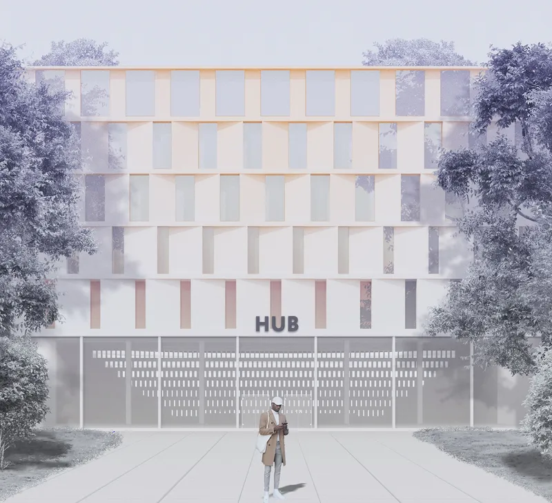 Building facade: a white gridded residential block with the HUB sign at ground level, a perforated base, a figure approaching, and mature trees on either side