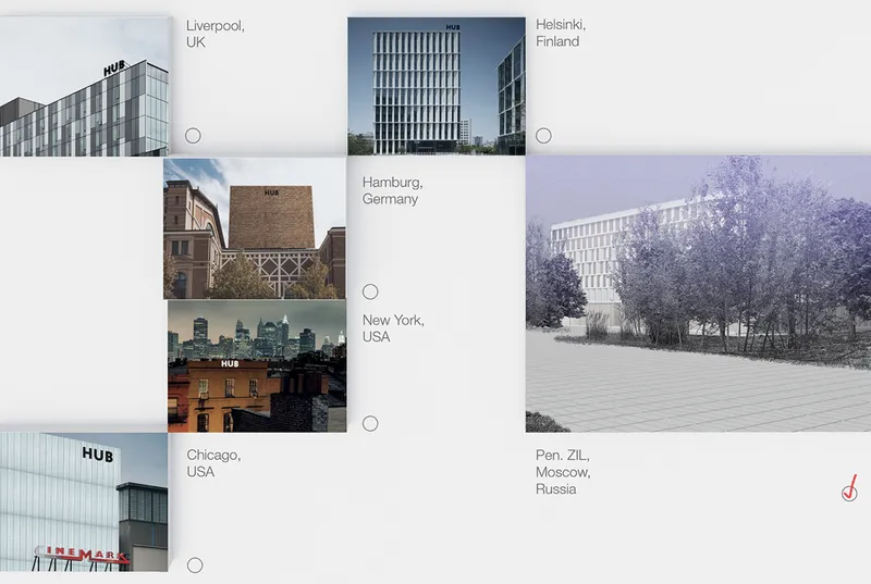 Global network: a grid of six reference city images showing architectural precedents from Liverpool, Helsinki, Hamburg, New York, Chicago, and Moscow