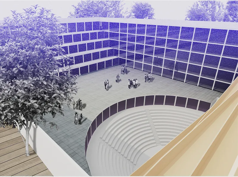 Aerial view of the courtyard: blue glass facade wrapping the perimeter, amphitheatre with tensile canopy at centre, trees, and people socialising on the open deck