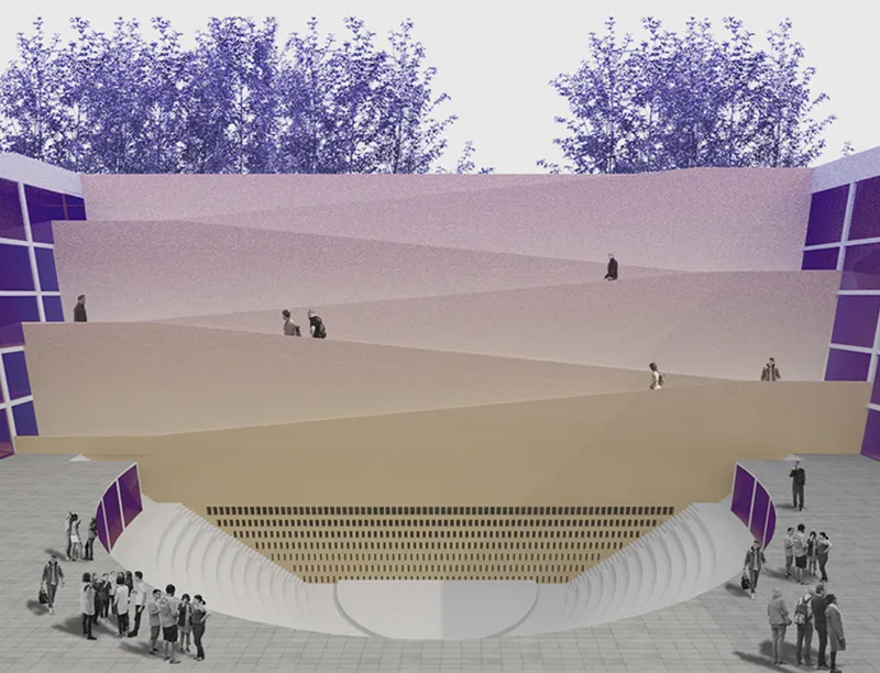 Courtyard amphitheatre: stepped seating descending toward a stage, a sand-coloured tensile canopy overhead, purple glass walls, trees, and residents gathering