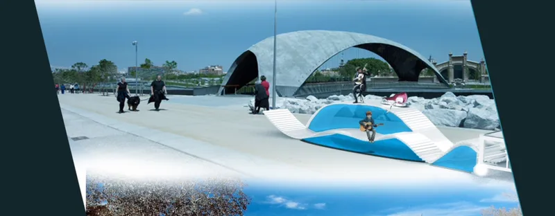 White ribbed performance platform with blue ramps where visitors gather near a curved pedestrian bridge