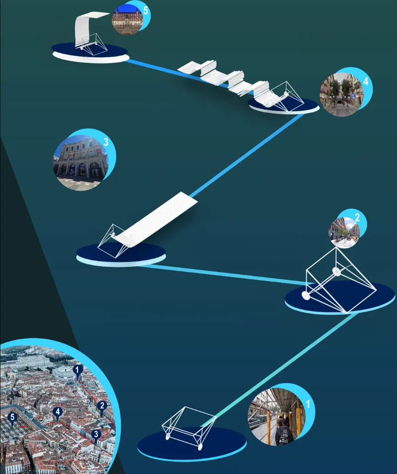 Axonometric diagram of interconnected platform modules linked by blue pathways with circular photo insets