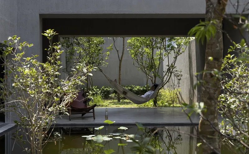 Reflecting pond with lily pads framing a hammock suspended between trees in a courtyard