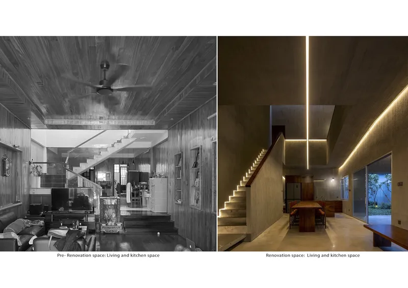 Before and after views of living space showing timber ceiling and staircase with linear lighting slots