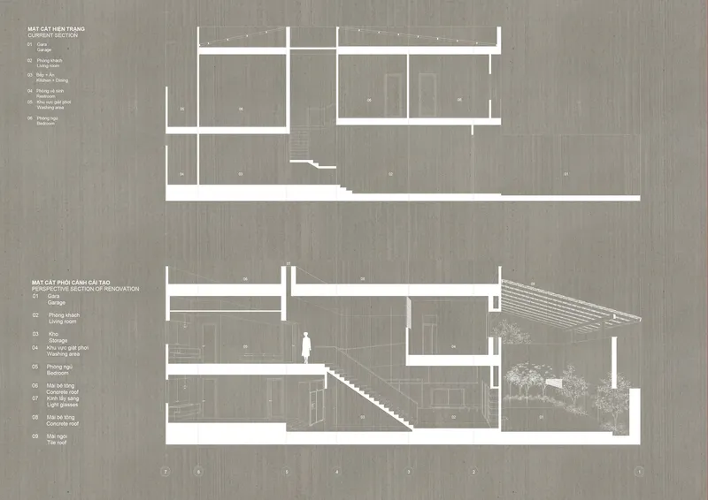 Section drawing showing split-level interior spaces with stairs connecting multiple floors and planted trees