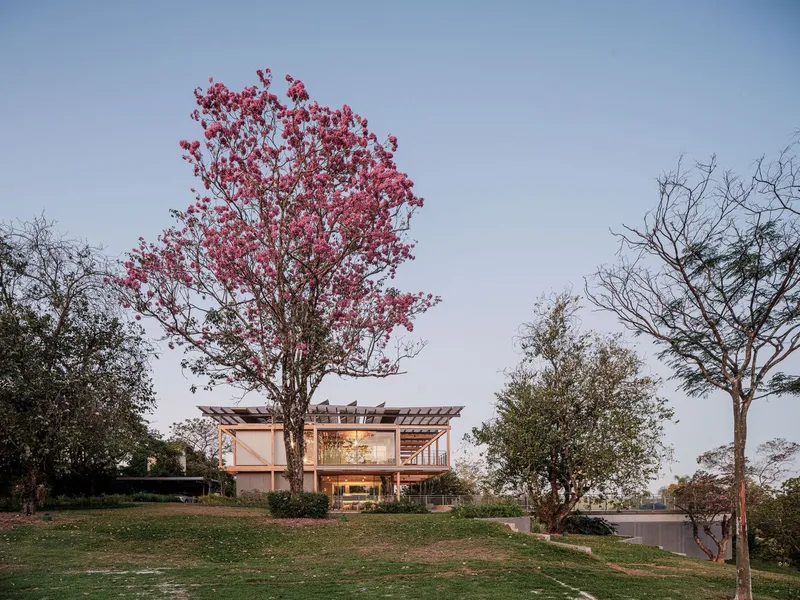 Evening view of the residence on a grassy slope framed by flowering and bare trees