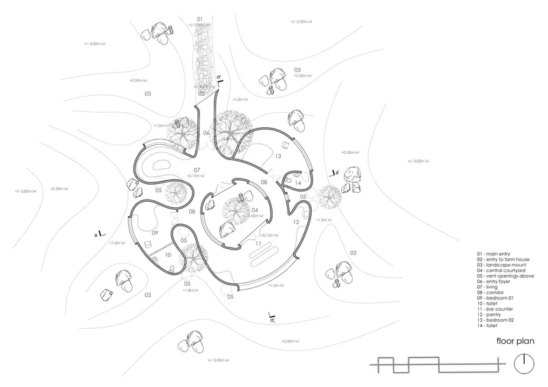 Floor plan drawing: rooms labelled (living, bedrooms, kitchen, bar, pantry) flowing around the central courtyard