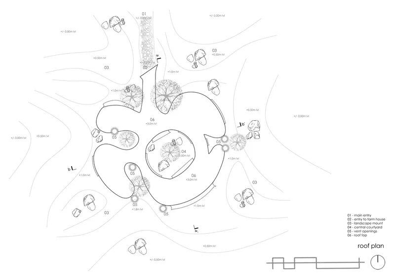 Roof plan drawing: organic lobed form with central courtyard, vent openings, landscape mounds, entry path
