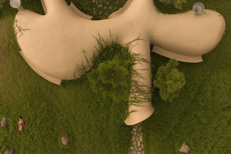 Aerial close-up: the lobed roof plan with grass growing over, central courtyard garden, stone path approaching