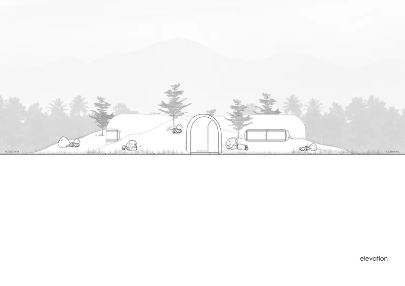 Elevation drawing: the house as gentle mounds with arched openings, trees, mountains in background