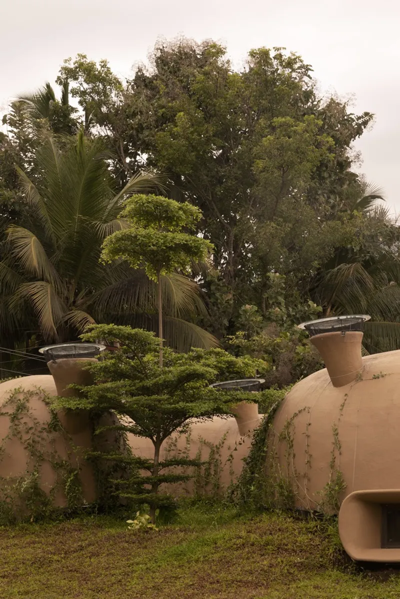 Exterior: grass-covered mounds with funnel-shaped ventilation chimneys, trees growing between lobes