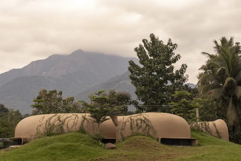 Landscape view: earth-coloured vaulted forms against mountain backdrop, palm trees, green hillside, overcast
