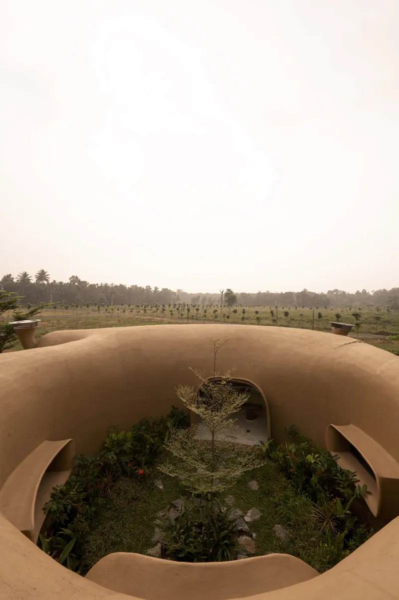 Central courtyard from above: open-air garden within the earth form, tree growing through the opening, curved walls