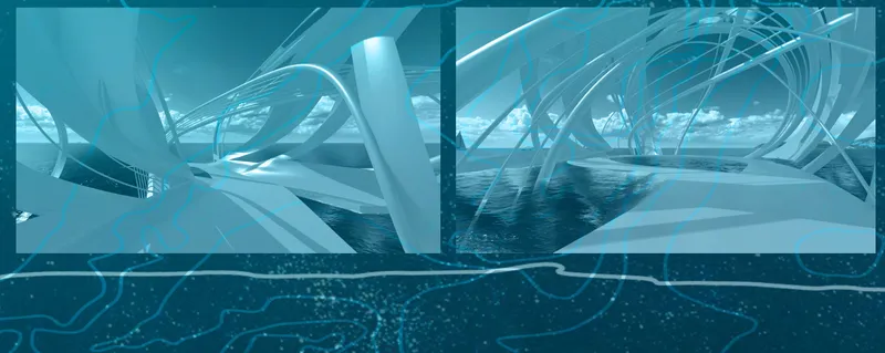 Composite elevation montage showing repeating curved structural elements above the waterline