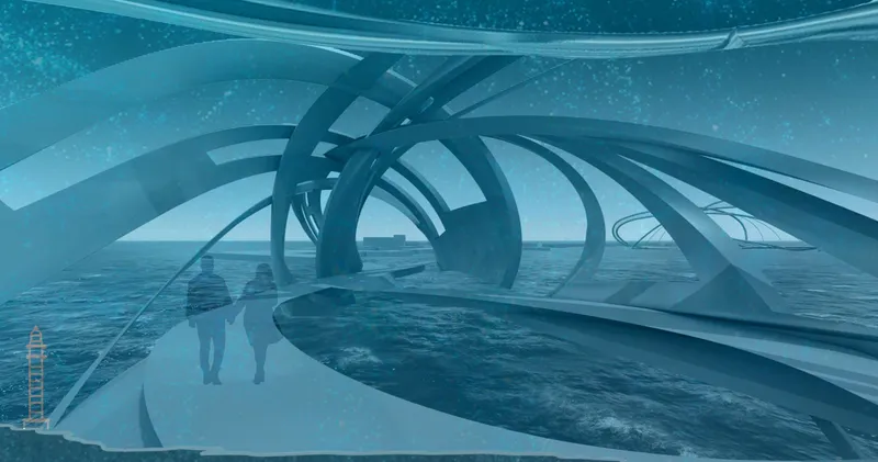 Interior view through curved transparent ribs framing a circular pool with two figures walking in misty light