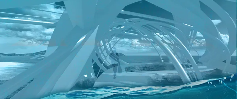 Arched structural ribs intersecting over a water surface under cloudy skies