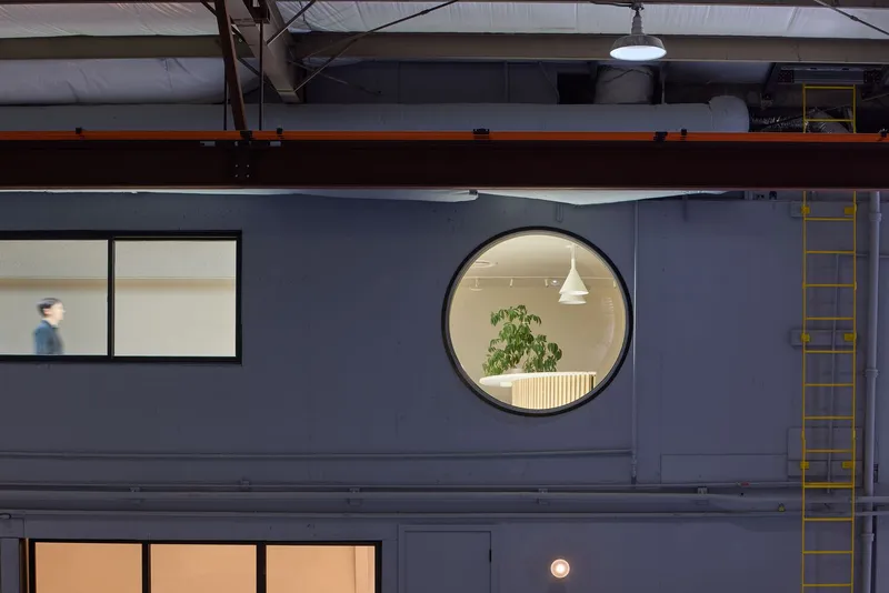 Circular window framing interior with plant and pendant light on dark grey facade with yellow ladder