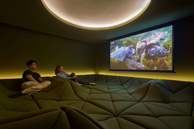 Screening room with faceted upholstered seating platform and circular ceiling cove with two viewers watching