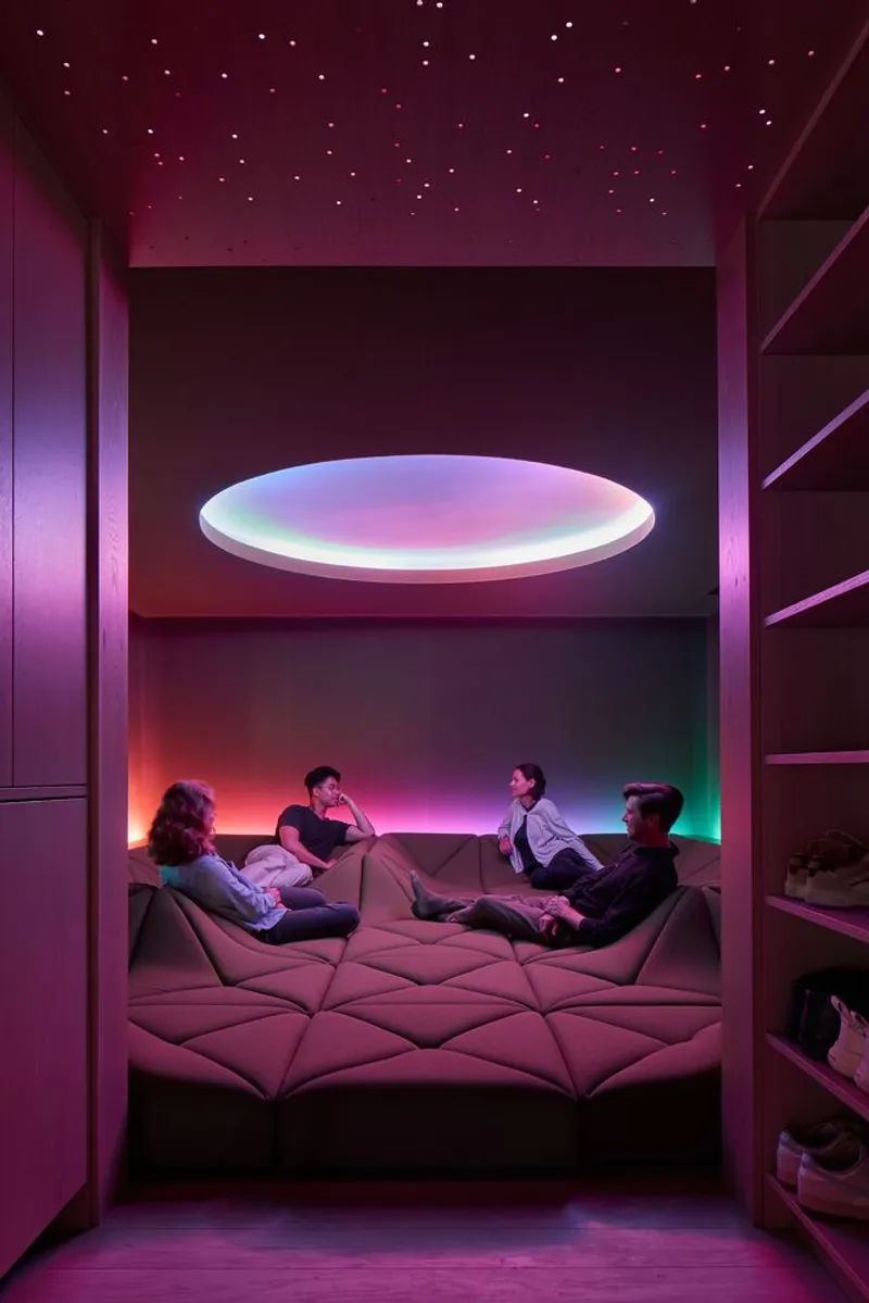 Sleeping nook with four people reclining on quilted cushions under colour-changing perimeter lighting
