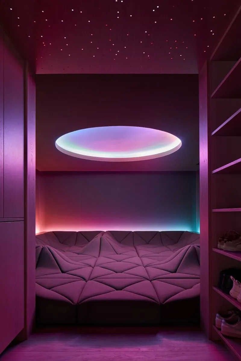 Sleeping alcove with circular ceiling light and gradient wall lighting in pink and blue