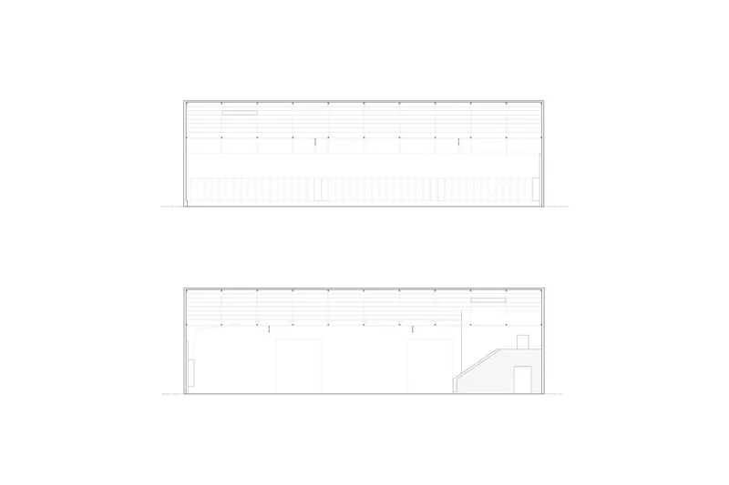 Elevation drawings showing two long facades with horizontal cladding and rooftop louvres