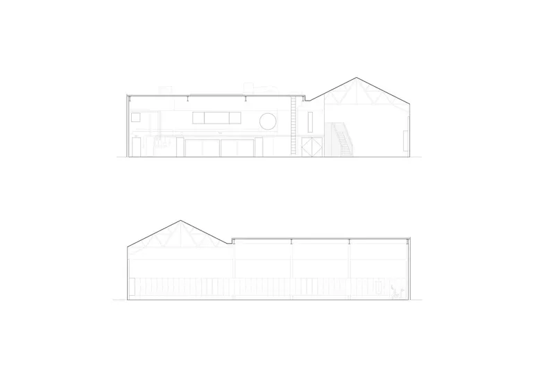 Section drawings showing a flat-roofed volume connected to a gabled structure with interior partitions