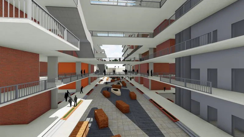 Linear atrium perspective: tiled ground level framed by multi-level balconies with continuous shopfronts, residents walking the length of the interior street