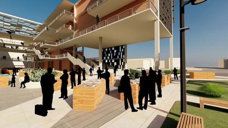 Open plaza at ground level: visitors browsing wooden book carts beneath cantilevered brick upper floors, with bamboo screens and planted edges framing the approach to the mall