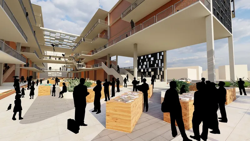 Wide view of the entry plaza: a deep cantilevered canopy shelters the open-air book carts, a broad stair leads up to the upper levels, and residents and shoppers circulate through the shaded public forecourt