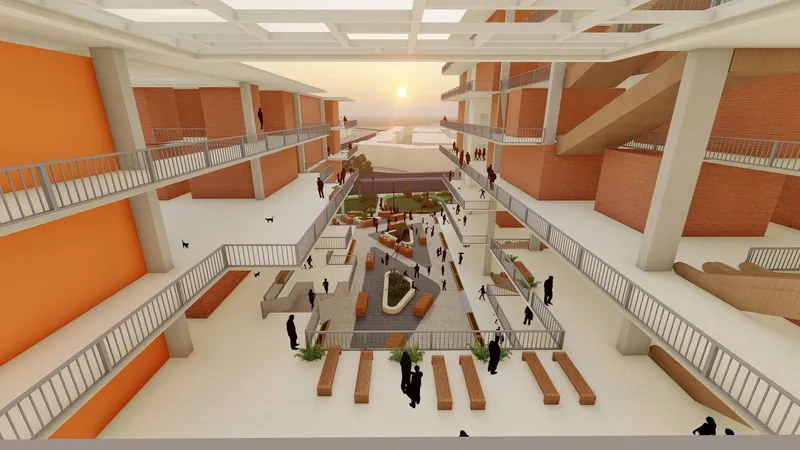 Central skylit street: a long double-height atrium spanned by a glazed roof drops a warm sunset beam into the gallery, with residents walking below and bookshops lining both sides