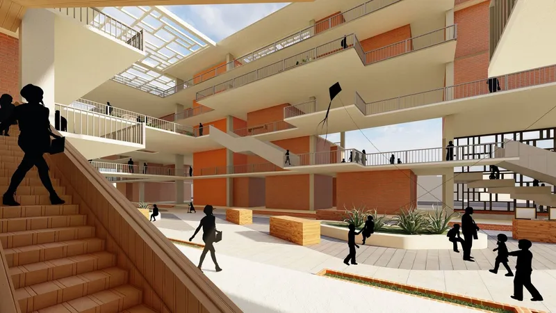 Interior atrium: brick volumes, an open feature stair, and multiple ramp-linked levels filled with students, vendors, and shoppers moving between the upper galleries and the ground-floor street