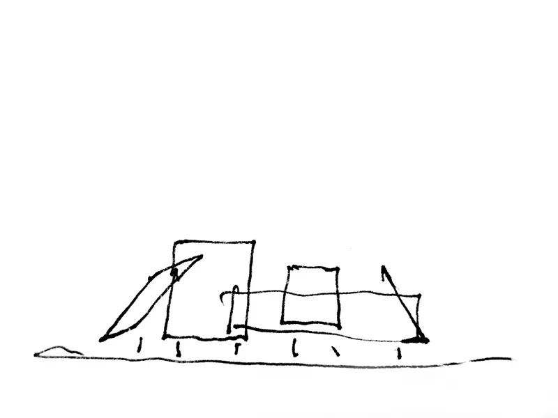 Concept sketch: pen drawing of the A-frame section showing the vertical organization.
