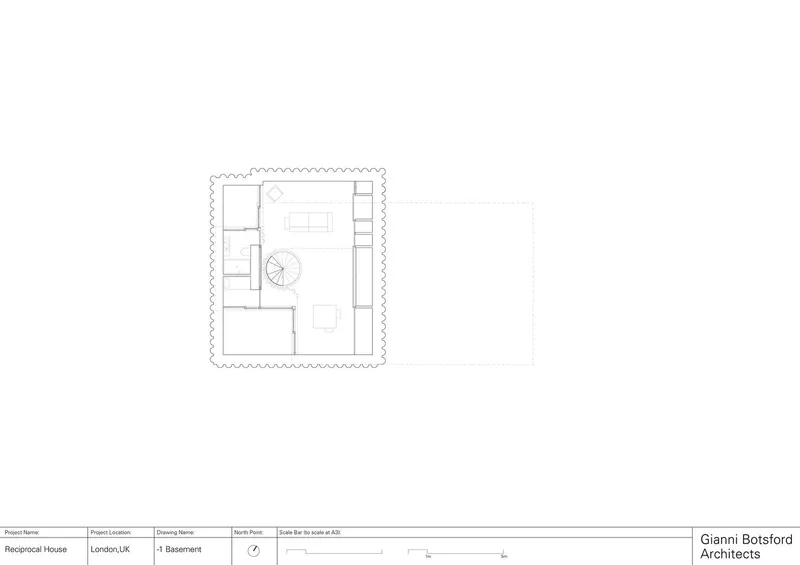 Basement plan by Gianni Botsford Architects showing spiral stair location and garden.